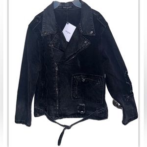 BALMAIN Double Zipper Mens Denim Moto Jacket - Black/Gray